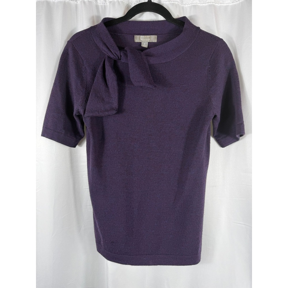 Merona Women S‎ Short Sleeve Knit Sweater Bow Neck Purple 100% Wool